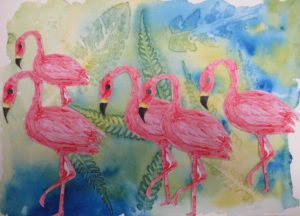flamingos painted on watercolour background